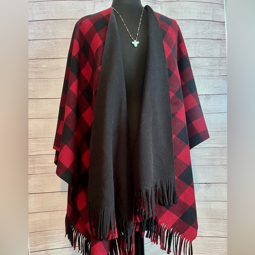 E Studio Fleece Reversible Fringe Plaid Shawl Cape Poncho - Red and Black